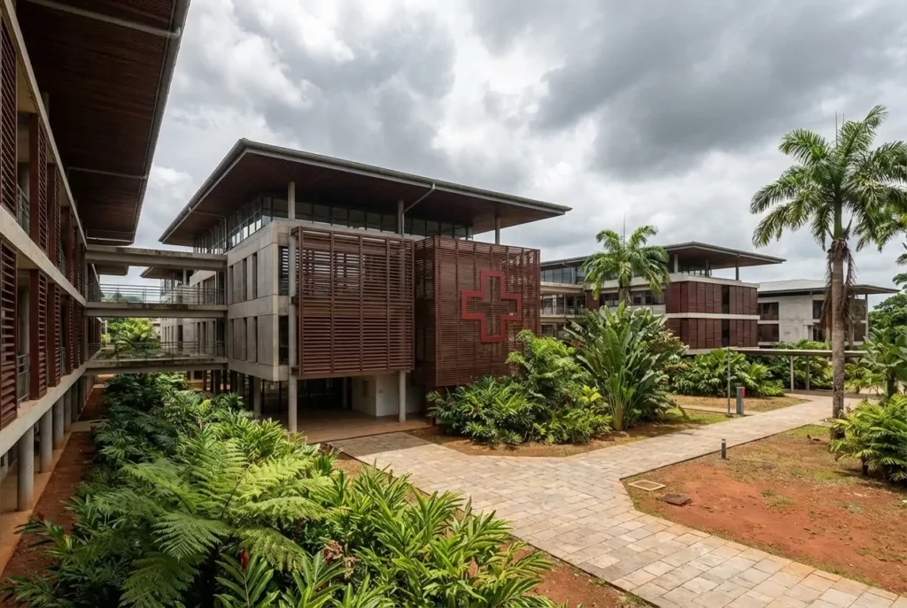 professional architectural photograph of hospital guyane - Giordano R Energy - energies renouvelables au service du confort et de la planète - ESE Solar L’énergie renouvelable aux Antilles et en Guyane